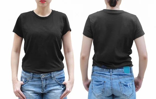 Jonge Vrouw Zwarte Shirt Witte Achtergrond Met Uitknippad — Stockfoto