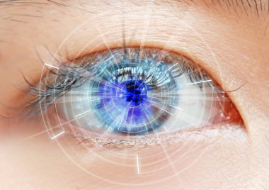 Close up women eye scanning technology in the futuristic, operat clipart