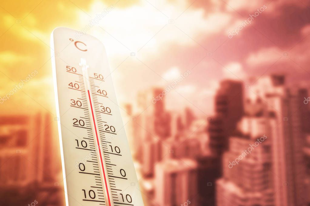 Heat wave in the city thermometer shows in summer.