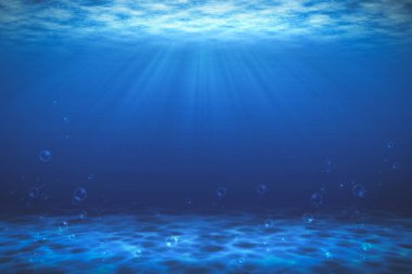 Kabarcıklı güneş ışığı derin deniz ya da okyanus altı arka planda.