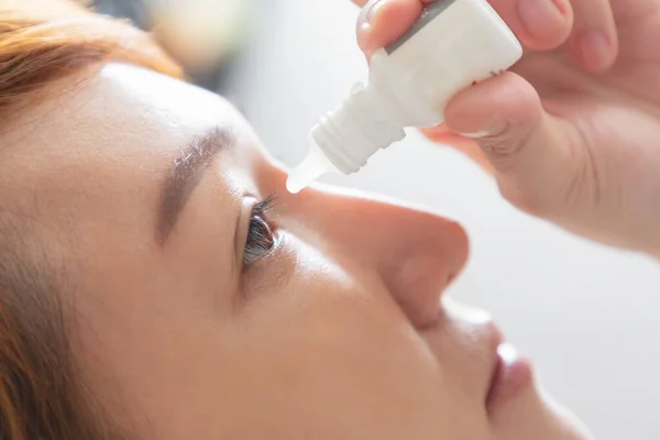 Closeup View Young Asian Woman Applying Eye Drop Artificial Tears — Stock Photo, Image