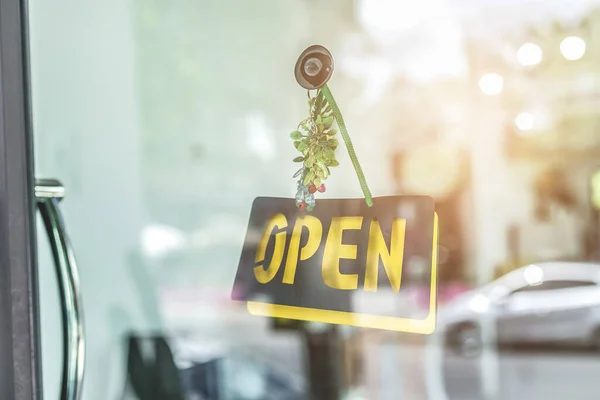 Sinal Negócio Que Diz Aberto Café Restaurante Pendurar Porta Entrada — Fotografia de Stock