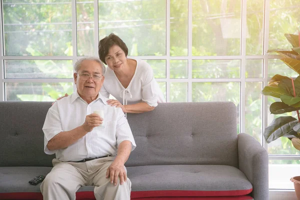 Happy Asian Elderly Couple Love Drinking Milk Togetherness Living Room — Stock Photo, Image