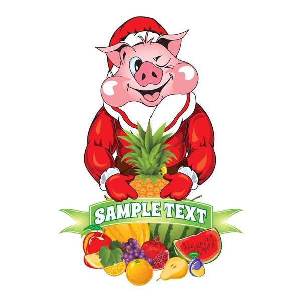 Illustration Vectorielle Cochon Dans Les Vêtements Père Noël Avec Fruit — Image vectorielle