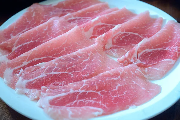 Shabu Cerdo Crudo Rodajas Finas Plato Para Hervir Estilo Japonés — Foto de Stock