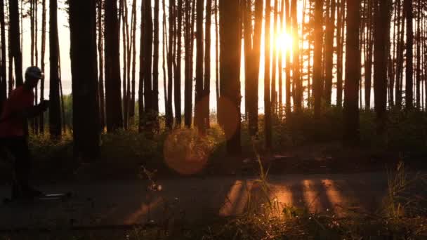 日落时分 在森林中第一个人骑自行车 慢动作 — 图库视频影像