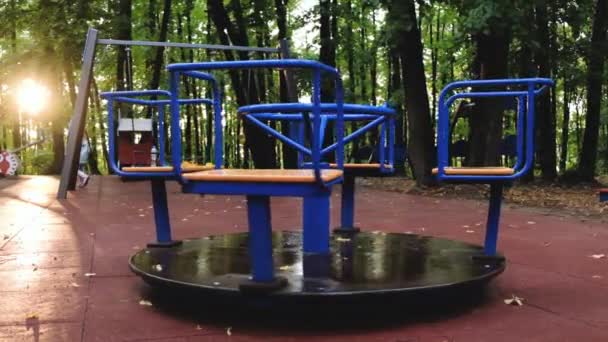 Roundabout Merry Spinning Empty Playground Autumn Slow Motion Video — Stock Video
