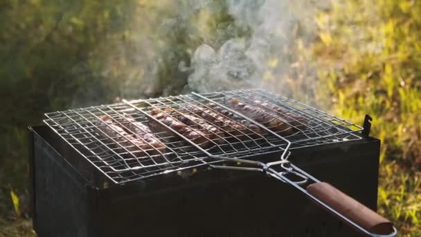 Primer Plano Salchichas Una Pequeña Parrilla Barbacoa — Vídeos de Stock