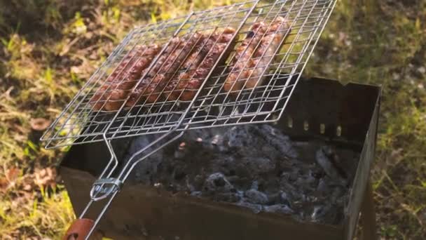 Küçük Bir Barbekü Izgara Üzerinde Sauages Yakın — Stok video