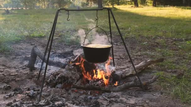 Cooking Outdoors Cast Iron Cauldron Cooking Meat Fire Food Cauldron — Stock Video