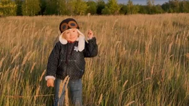 Happy Kid Spelen Met Speelgoed Vliegtuig Tegen Herfst Hemel Achtergrond — Stockvideo