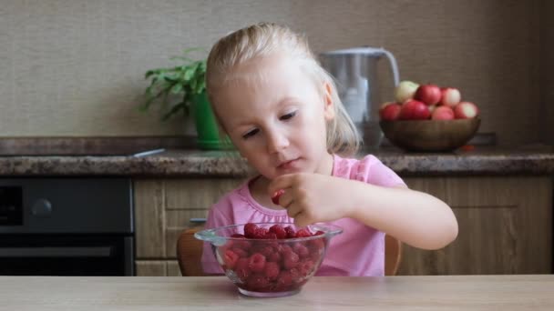 Söt Liten Barnflicka Porträtt Rolig Äta Röda Hallon Putted Fingrarna — Stockvideo