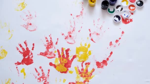 Little Girl Stained Her Hands Clothes Paint While Drawing Child — Stock Video