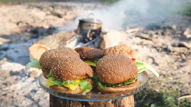 Köstliche hausgemachte Burger vor dem Hintergrund eines Lagerfeuers an der frischen Luft. 4k-Video. — Stockvideo