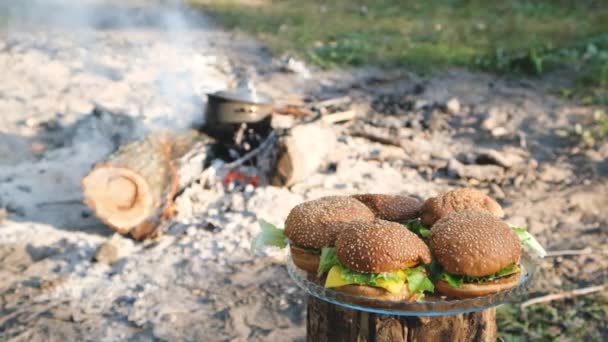 Köstliche hausgemachte Burger vor dem Hintergrund eines Lagerfeuers an der frischen Luft. 4k-Video. — Stockvideo