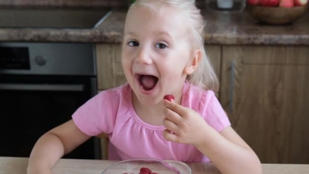 Sevimli Küçük Çocuk Kız Komik Açgözlü Geçit Kırmızı Ahududu Yemek — Stok video
