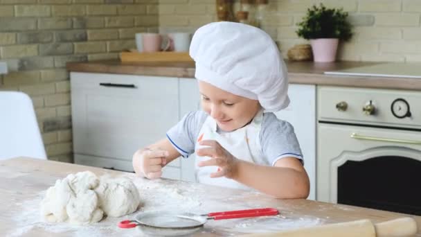 Happy Baby Girl Kitchen Playing Flour Have Fun Child Dressed — Stock Video