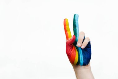 El, gökkuşağı bayrağı gibi boyanmış. LGBTQ konsepti. LGBT 'yi kapat.