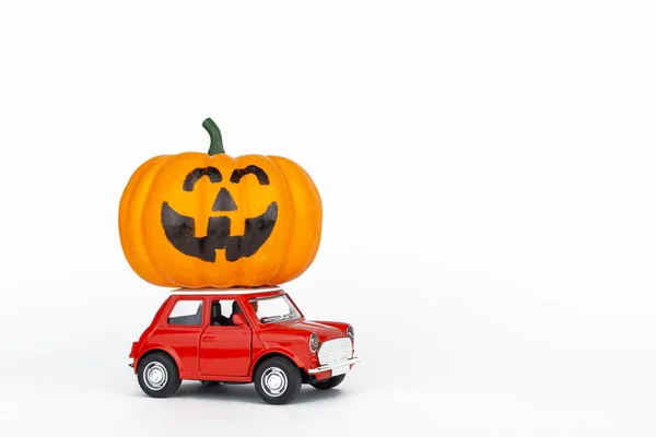 Retro Red Toy Car Pumpkin Roof Red Background Concept Autumn — Stock Photo, Image