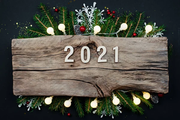 Feliz Ano Novo 2021 Símbolo Número 2021 Fundo Madeira — Fotografia de Stock