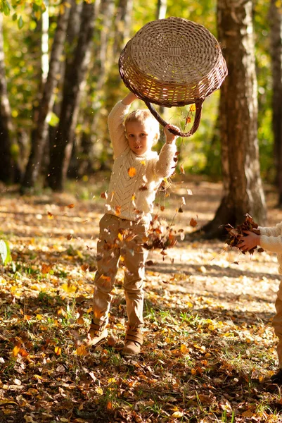 Bir çocuk başının üstüne büyük bir sepetten yapraklar döküyor.