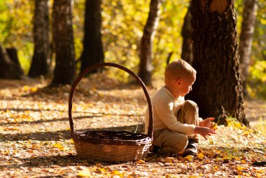 Bir çocuk ormanda bir sepetin yanında oturuyor ve yapraklarla oynuyor.