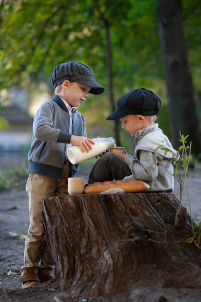 Çocuklar ormanda ekmek ve süt yiyorlar.