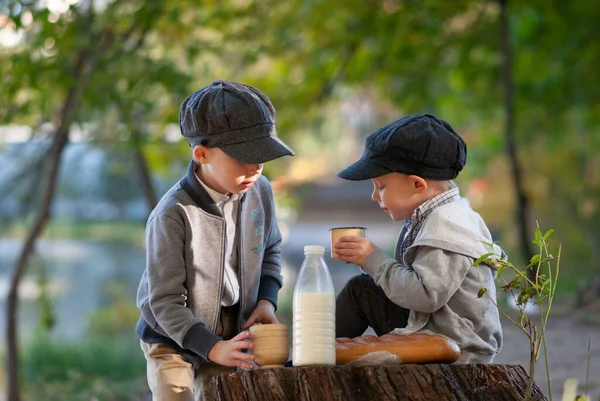 Çocuklar ormanda ekmek ve süt yiyorlar.