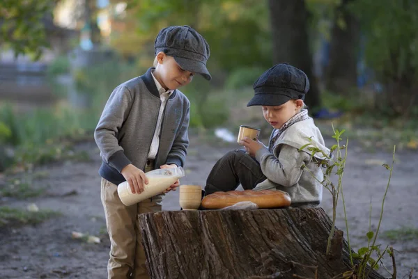 Çocuklar ormanda ekmek ve süt yiyorlar.