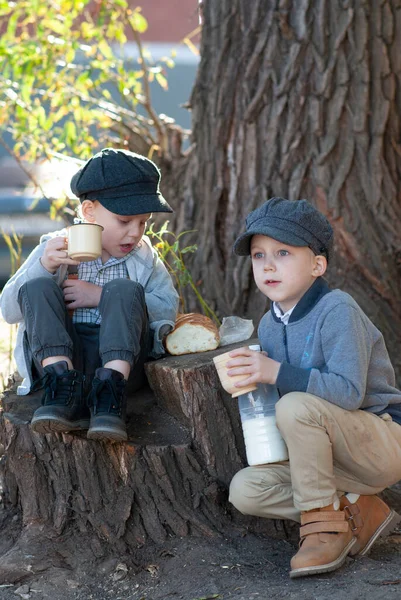 Niños Comiendo Pan Leche Tocón Bosque — Foto de Stock