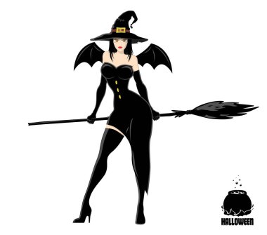 Süpürge ile sihirli şapkalı güzel cadı. Tasarım öğesi Cadılar Bayramı afiş veya tatil kartı için. Beyaz arka plan üzerinde izole vektör çizim.