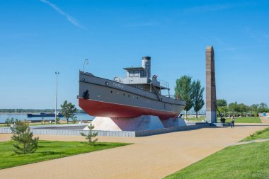 Volgograd. Russia - May 21, 2019. Memorial to the Volga river crew and firemen of the Volga basin. The boat 