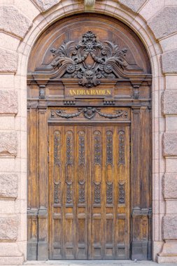 Stockholm, İsveç - 07 Mayıs 2017: Mascaron Royal İsveçli Opera (Kungliga Operan cephesinde).