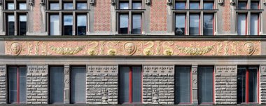 Stockholm, İsveç - 07 Mayıs 2017: Süslü bir şekilde dekore edilmiş cephesinde Danmarks hus (Danimarka'nın evi) Jakobs torg kare.