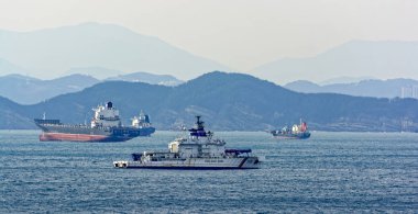 Busan, Güney Kore - 21 Ocak 2017: kıyı şeridi Busan, Güney Kore devriye Kore sahil güvenlik botu.