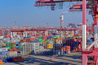 Qingdao, Çin - 20 Ocak 2017: Nakliye konteyner Qingdao Qianwan konteyner Terminal dizilir.