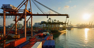 Singapur, Malezya - 10 Mar 2017: Singapur bağlantı noktası konteyner kargo terminali, günbatımı Panoraması Psa, dünyanın en işlek kargo terminalleri tarafından işletilen. Keppel Harbour, Singapur, Malezya.