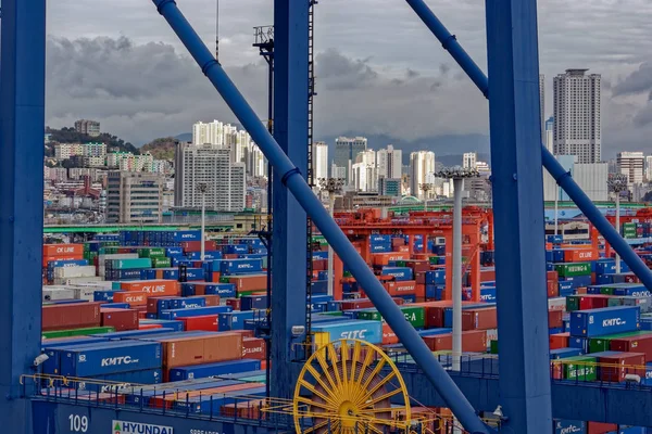 Busan Corée Sud Déc 2016 Sunrise Panorama Terminal Fret Conteneurs — Photo