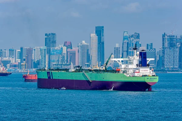 新加坡 2017年2月06日 引航船运送一艘海港飞行员到原油油轮 Ais 英国的 Dht 在新加坡海峡的压载和著名的滨海湾背景下停泊 — 图库照片