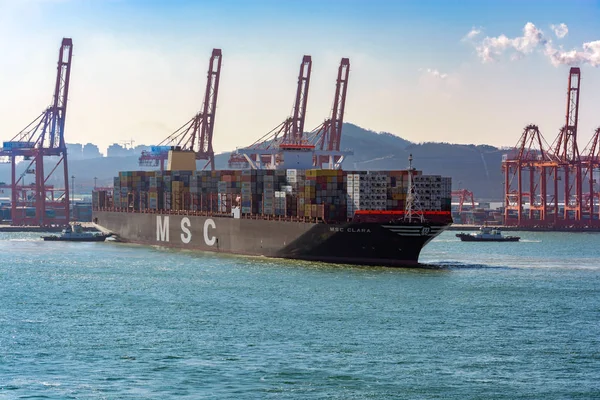Qingdao Kina Jan 2017 Bogserbåtar Bistår Det Tunga Bördor Containerfartyget — Stockfoto
