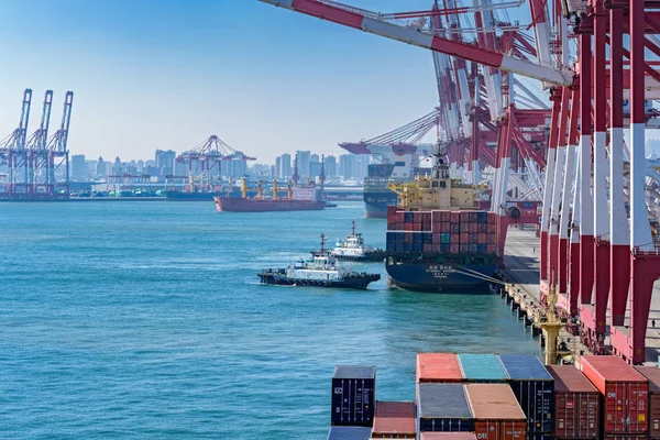 Qingdao Kina Jan 2017 Container Portalkranar Fartyg Och Bogserbåtar Qingdao — Stockfoto