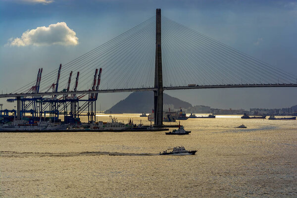 BUSAN, SOUTH KOREA - Dec 22, 2016: Busan North Port Bridge (also known as Bukhang (Busan Harbor) Bridge), the 2nd longest cable-stayed bridge in Korea.