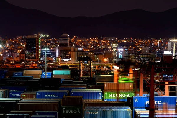 Busão Coréia Sul Maio 2016 Panorama Noturno Terminal Carga Contêineres — Fotografia de Stock