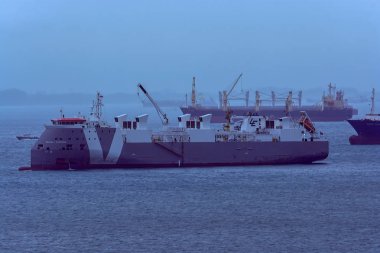 Singapur Boğazı, Singapur - 23 Kasım 2017: X-bow gri dövme Hayvancılık taşıyıcı Gudali Express alacakaranlık dış anchorage demir attı.