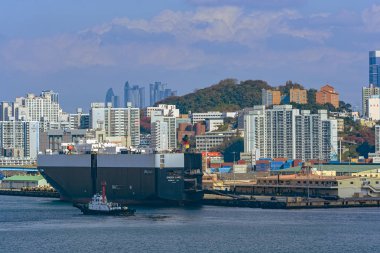 Busan, Güney Kore - 04 Kasım 2017: ABD bayrağı saf araba/kamyon taşıyıcı (Pctc) gemi 