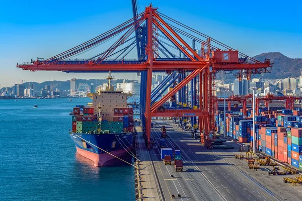 Busan South Korea Jan 2018 Lossningsarbete Last Containerterminal Hamnen Busan — Stockfoto