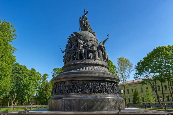 大诺夫哥罗德 俄罗斯 2018年5月20日 纪念碑 俄国的千年 对蓝天在 大诺夫哥罗德 哥罗德伟大 — 图库照片