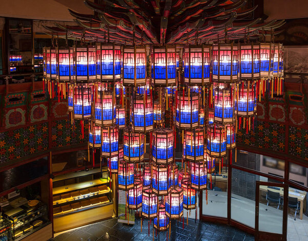 BUSAN, SOUTH KOREA - Sep 03, 2017: Large chandelier in traditional korean style in lobby of hotel Commodore.