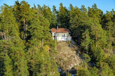 Tepenin üzerinde, sonbahar günbatımında kozalaklı ormanlarla çevrili resimli bir yazlık ev. Stockholm takımadaları Baltık Denizi 'nde.