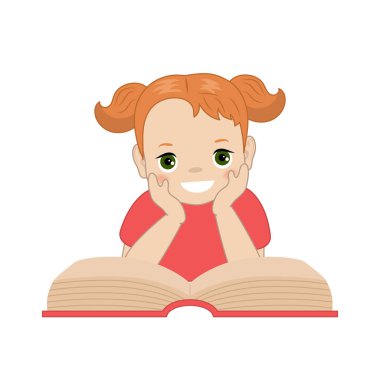 Kız okuma kitabı. Karikatür tarzı illüstrasyon izole beyaz arka plan üzerinde.